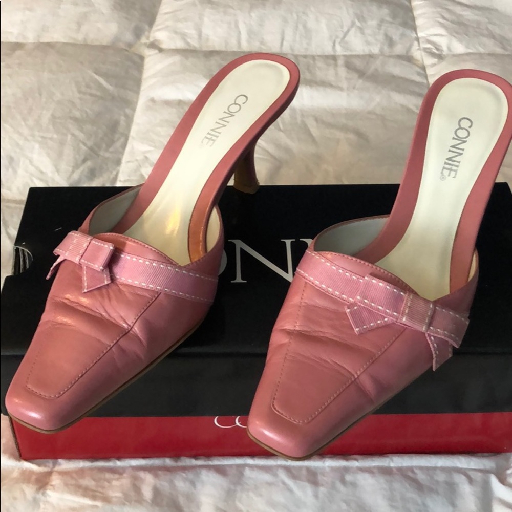Pink leather mule heels